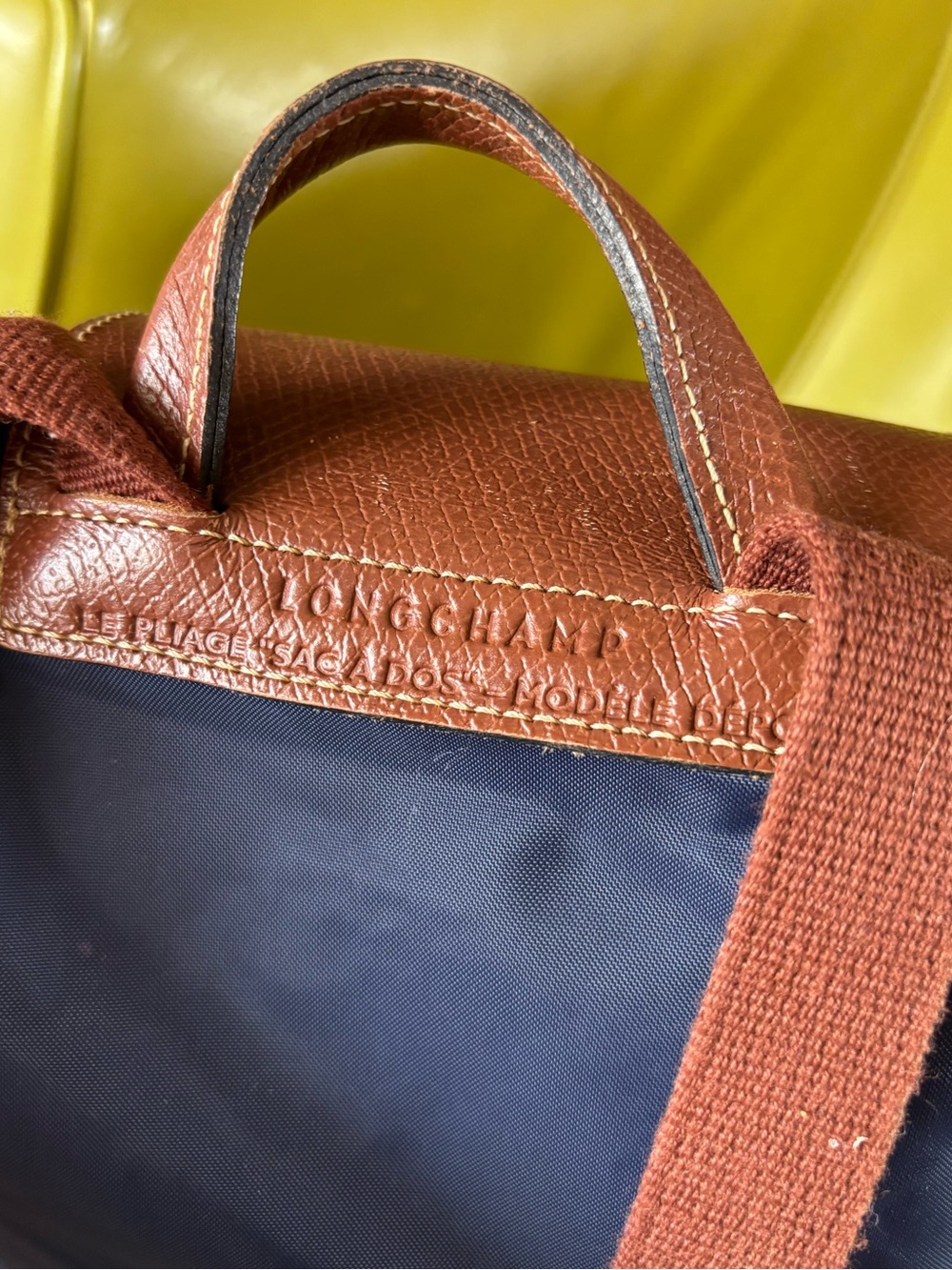 Longchamp Le Pliage 1699 Navy Blue Nylon Leather Backpack Brown - Picture 6 of 11